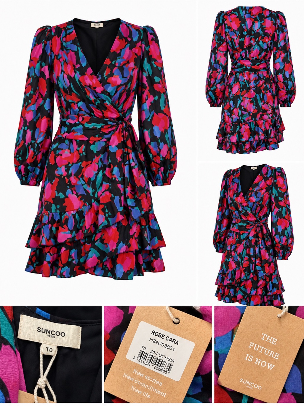 Suncoo Fuchsia Pink Teal Floral Wrap Mini Dress